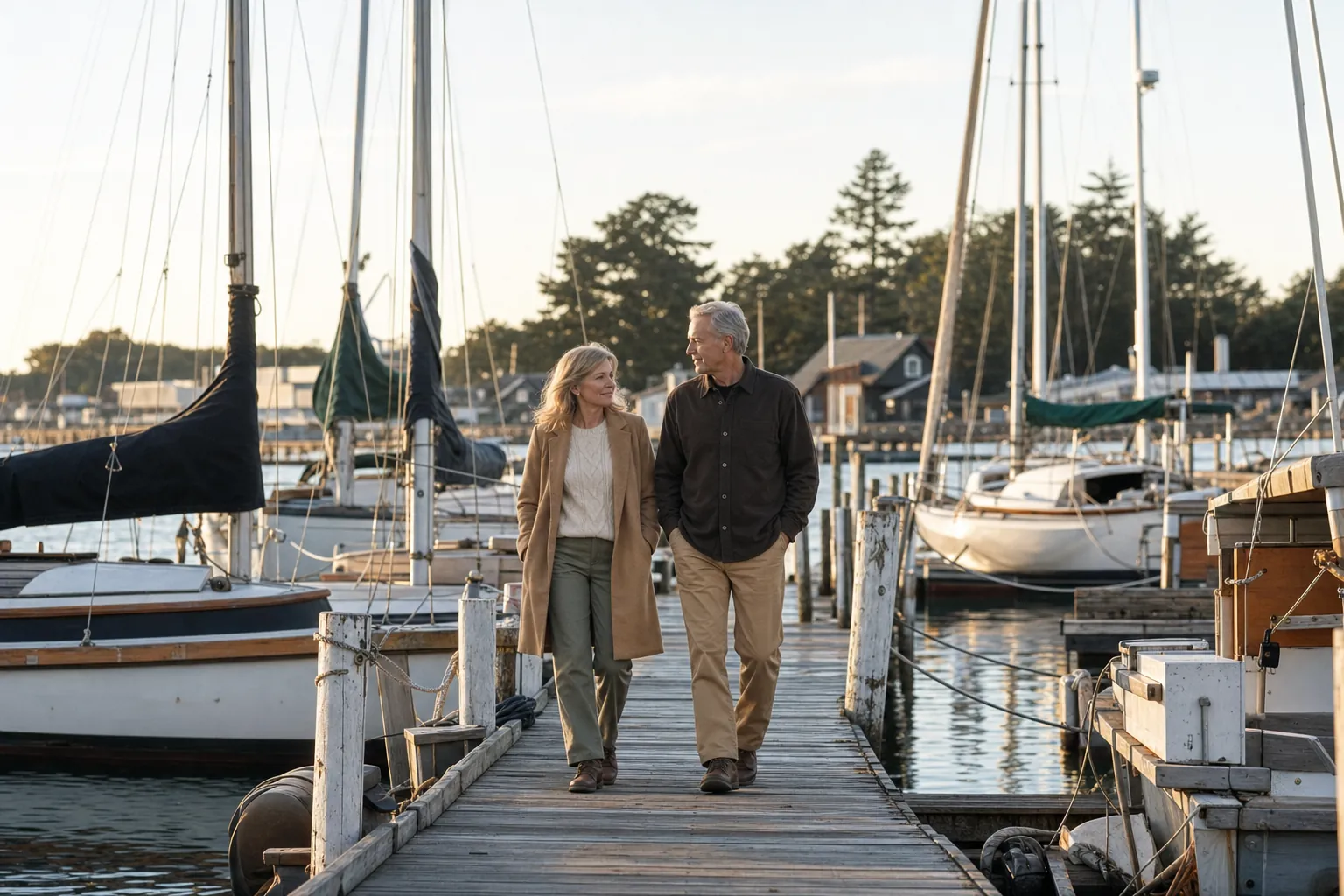 A couple walking together along a marina dock.