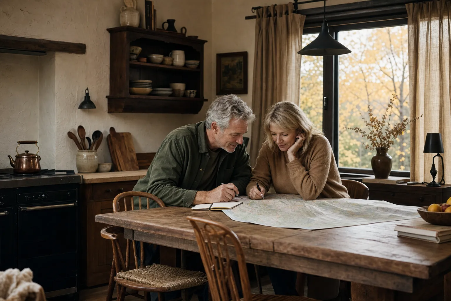 A couple planning a trip together over a map at their kitchen table.