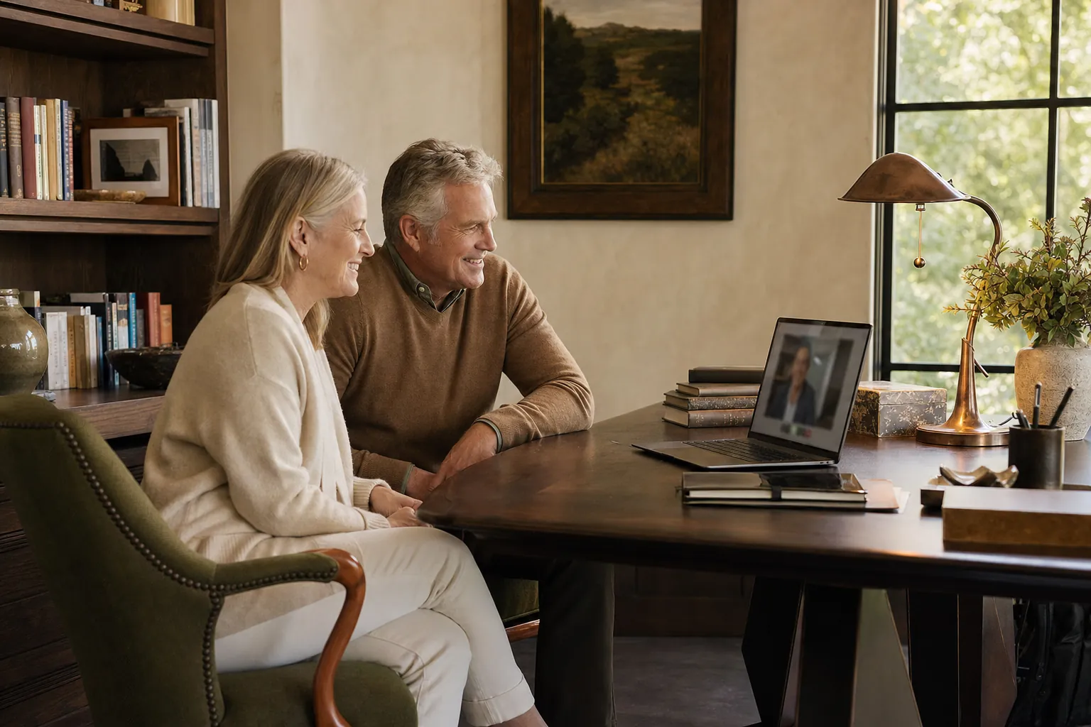 A couple meeting with their advisor by video from a warm home office.