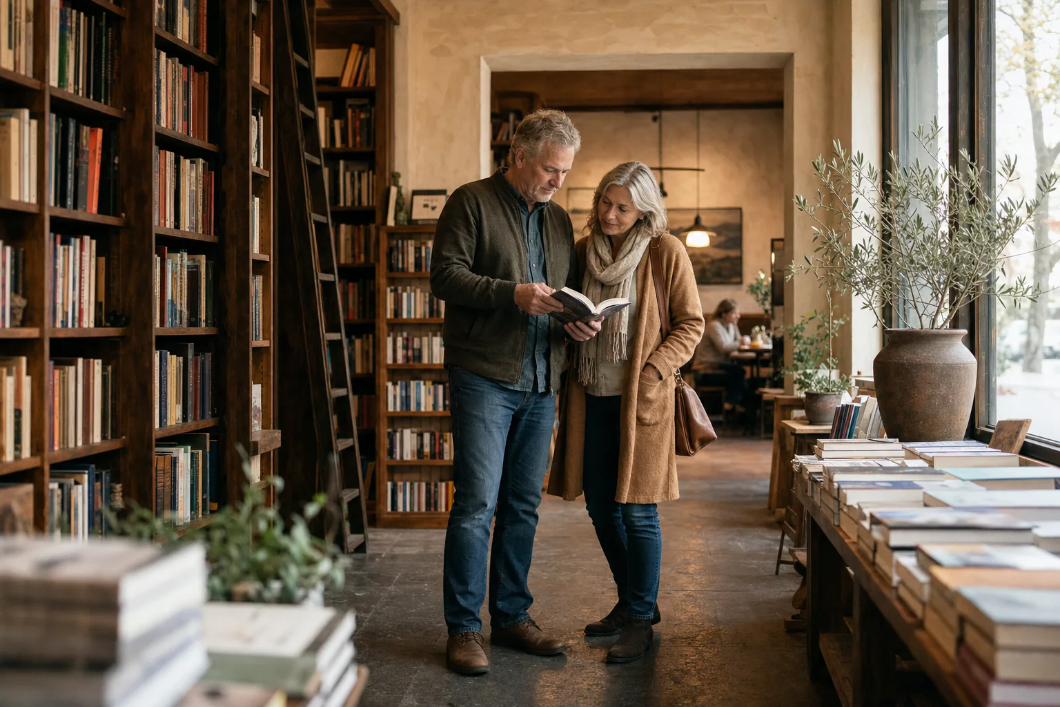 A couple browsing books together in a neighborhood bookstore.