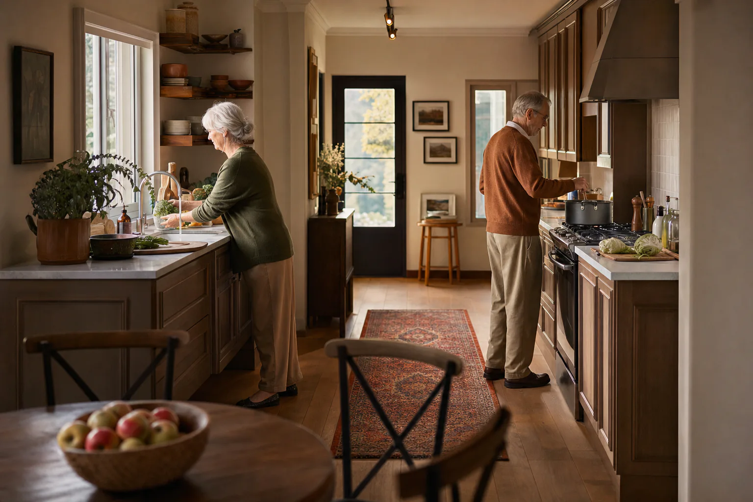 A retired couple preparing dinner together in their kitchen.